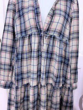 Plaid Tiered Long-Sleeve Dress - Cream/Blue/Pink
